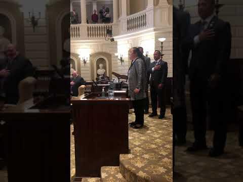 Embedded thumbnail for Lavender Darcangelo singing the Star Spangled Banner at the Massachusetts senate meeting
